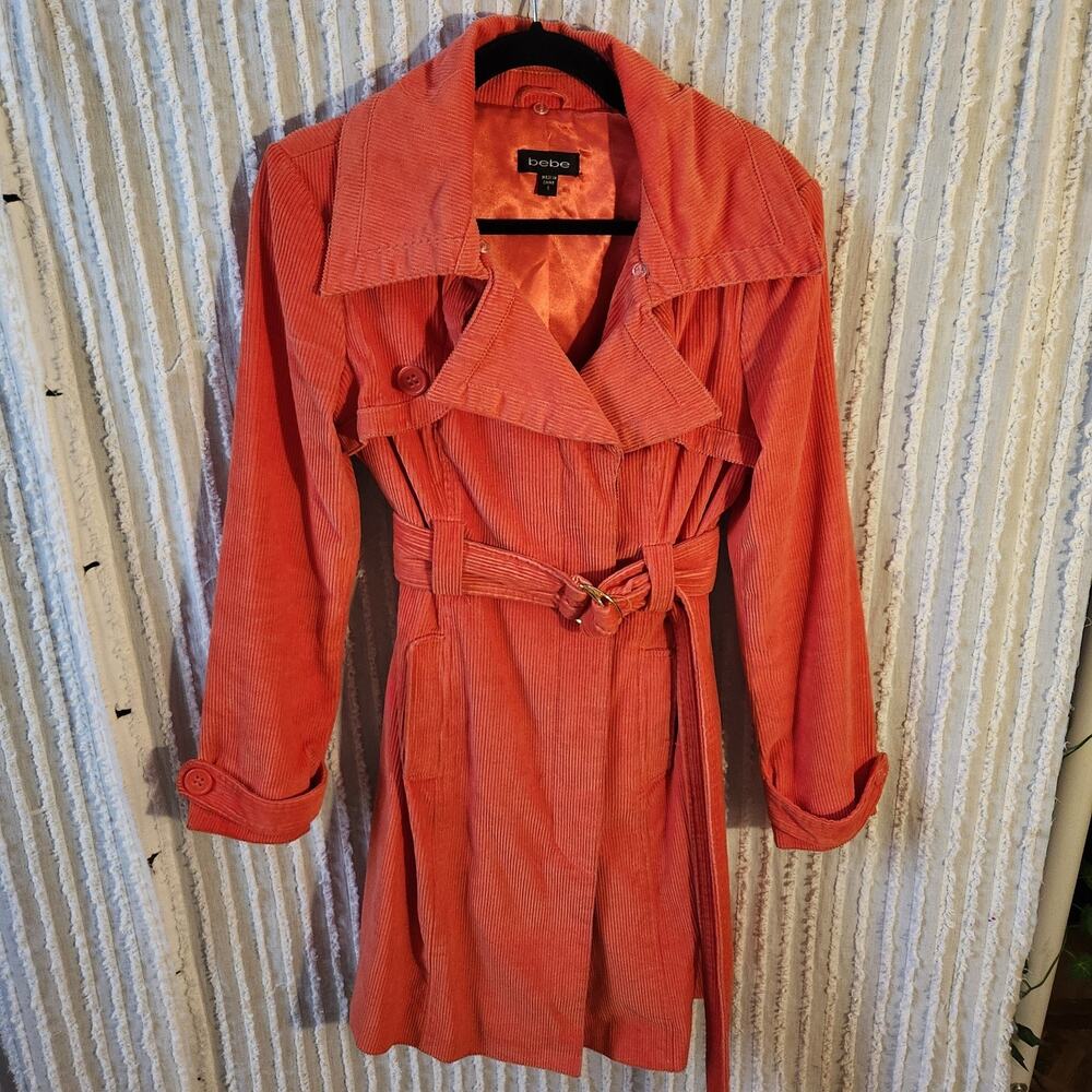 Bebe Sz Small Orange Cotton Blend Corduroy Button Up Trench Coat Spring Jacket - Picture 8 of 8